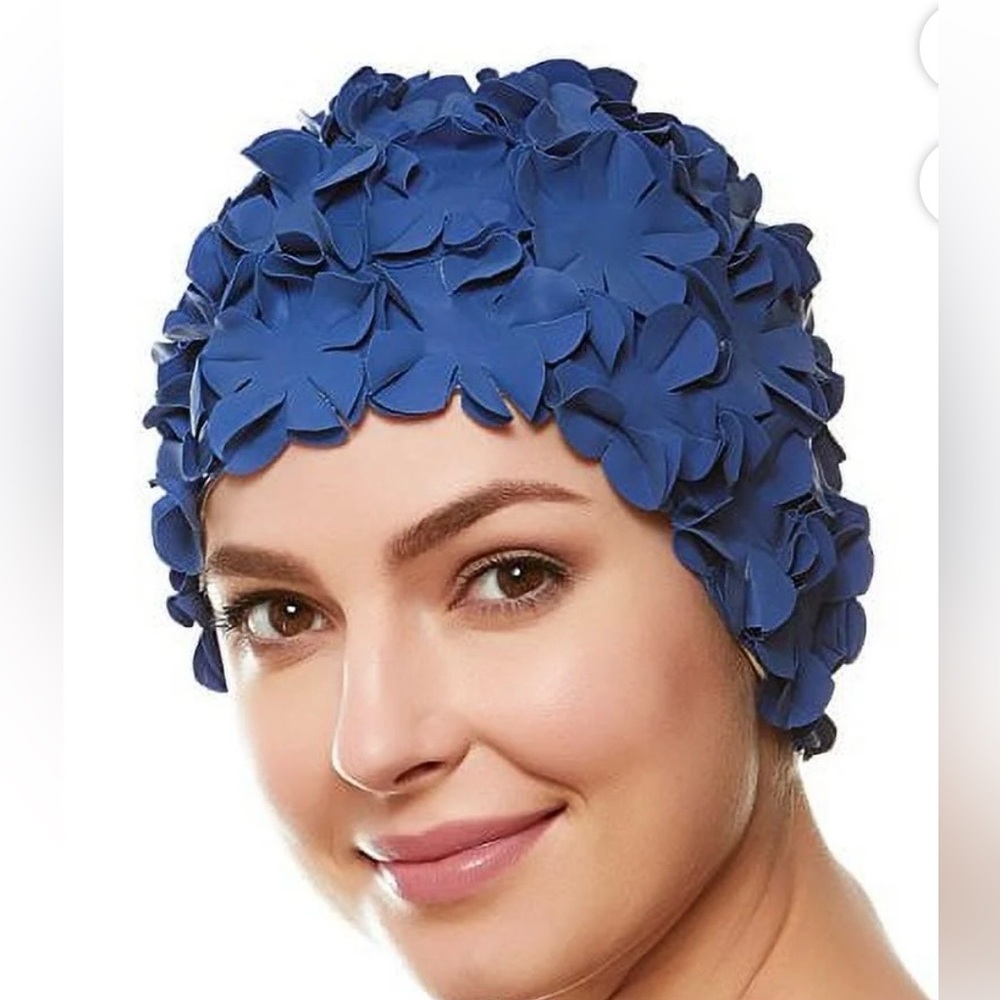 Navy Blue Floral Swim Cap - Women's Decorative Swim Hat - NWOT